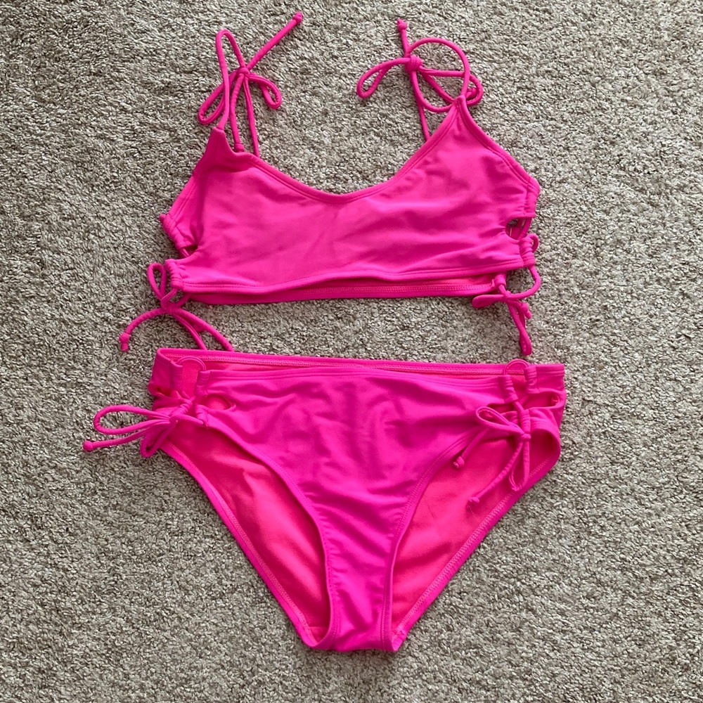 No Boundaries Cut Out Hot Pink Bikini Set Medium Top Large Bottom